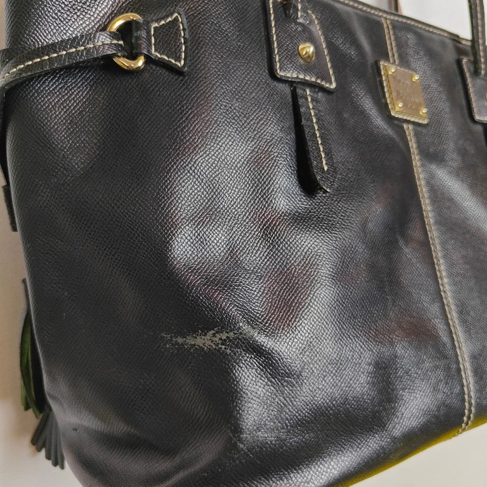 Dooney & Bourke Black Saffiano Leather Tote Bag Shoulder Purse Tassel Gold Tone